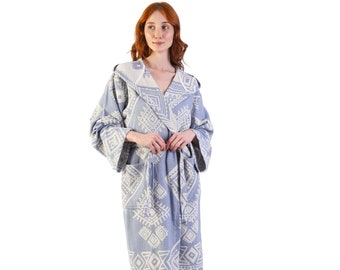 EMERALD - Robe en coton turc motif ethnique bleu clair, robe de chambre personnalisée, robes de soirée Bachelorette, peignoir turc à capuche