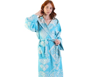 EMERALD - Aqua Blue Ethnic Pattern Robe en coton turc, Robe de chambre personnalisée, Robes de soirée Bachelorette, Peignoir turc à capuche