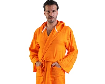 Orange Turkish Cotton Men Robe, Personalized Cotton Beach Robe, Dressing Gown, Groomsmen Gift, Bachelor Party Robes, Hooded Turkish Robe