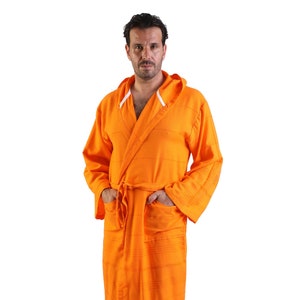 Orange Turkish Cotton Men Robe, Personalized Cotton Beach Robe, Dressing Gown, Groomsmen Gift, Bachelor Party Robes, Hooded Turkish Robe