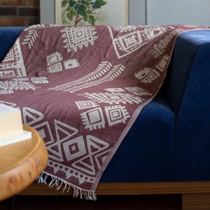 Burgundy Ethnic Turkish Cotton Throw Blanket, Throw Blanket Couch, Cozy Throw Blanket, Boho Throw Blanket, Cotton Bedspread