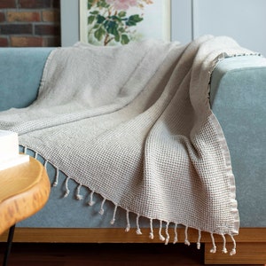 Beige  Stonewashed Waffle High Quality Cotton Throw Blanket Couch, Couch Blanket, Cozy Blanket, Summer Blanket, Bed Spread, Picnic Blanket