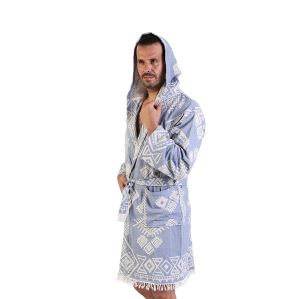 EMERALD - Light Blue Ethnic Pattern  Men Turkish Cotton Robe, Personalized Dressing Gown, Bachelor Party Robes, Hooded Turkish Bathrobe