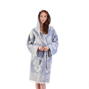 EMERALD - Light Blue Ethnic Pattern Robe, Lightweight Kimono Robes For Women, Getting Ready Robe, Hooded Summer Bathrobe, Dressing Gown