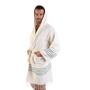 RUBY- Green Striped Turkish Cotton Bamboo Kimono Robe, Dressing Gown, Groomsmen Gift, Bachelor Party Robes, Hooded Turkish Bathrobe