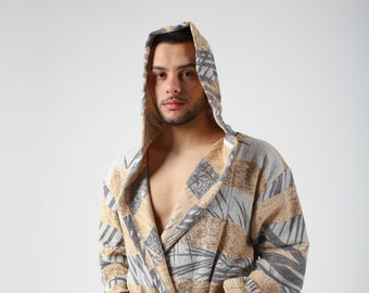 Mustard Palm Jacquard Turkish Cotton Robe for Men, Lightweight Dressing Gown, Beach Pool Sauna Hot Tub Cover Up, Hooded Turkish Bathrobe