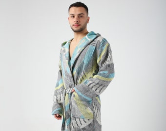 Yellow Colorful Jacquard Turkish Cotton Robe for Men, Lightweight Dressing Gown, Beach Pool Sauna Cover Up, Hooded Turkish Bathrobe