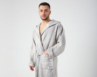 Gepersonaliseerde grijze Marrakesh patroon Turkse katoenen badjas voor mannen, lichtgewicht Turkse badjas met capuchon, strand zwembad sauna cover-up