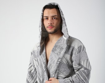 Accappatoio in cotone turco jacquard grigio palma per uomo, vestaglia leggera, copricostume per spiaggia, piscina, sauna, vasca idromassaggio, accappatoio turco con cappuccio