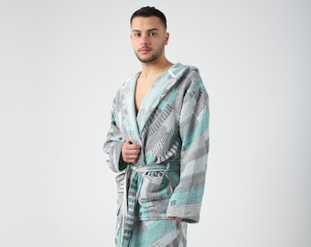 Green Colorful Jacquard Turkish Cotton Robe for Men, Lightweight Dressing Gown, Beach Pool Sauna Hot Tub Cover Up, Hooded Turkish Bathrobe