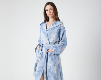 Blauw Marrakesh patroon Turkse katoenen badjas voor vrouwen, lichtgewicht badjas, vrijgezellenfeest gewaden, Turkse badjas met capuchon