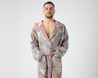 Burgundy Colorful Jacquard Turkish Cotton Robe for Men, Lightweight Dressing Gown, Beach Pool Sauna Cover Up, Hooded Turkish Bathrobe