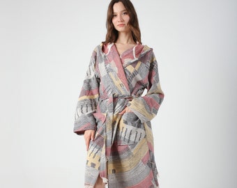 Peignoir en coton turc jacquard coloré bordeaux pour femme, robe de chambre légère, couverture de sauna de piscine de plage, peignoir turc à capuche