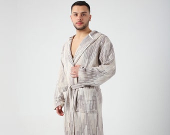 Personalized Light Brown Marrakesh Pattern Turkish Cotton Robe for Men, Lightweight Hooded Turkish Bathrobe, Beach Pool Sauna Cover Up
