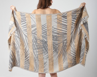 Mustard Palm Jacquard Turkish Cotton Beach Towel, Lightweight Beach Blanket, Pool Peshtemal Towel, Quickdry Yoga Towel Blanket