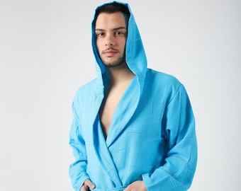 Personalized Aqua Blue Lightweight Robe for Men, Kimono Robe, Custom Robe, Dressing Gown, Hooded Cotton Summer Robe, Mens Spa Robe, Bathrobe
