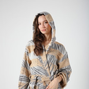 Mustard Palm Jacquard Turkish Cotton Robe for Women, Lightweight Dressing Gown, Beach Pool Sauna Hot Tub Cover Up, Hooded Turkish Bathrobe