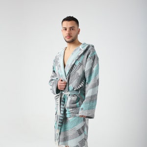 Green Colorful Jacquard Turkish Cotton Robe for Men, Lightweight Dressing Gown, Beach Pool Sauna Hot Tub Cover Up, Hooded Turkish Bathrobe image 1