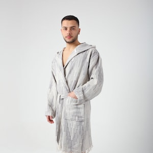 Personalized Gray Marrakesh Pattern Turkish Cotton Robe for Men, Lightweight Hooded Turkish Bathrobe, Beach Pool Sauna Cover Up