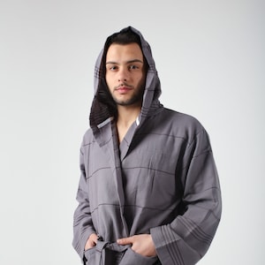 Personalized Dark Gray Lightweight Robe for Men, Kimono Robe, Custom Robe, Dressing Gown, Hooded Cotton Summer Robe, Mens Spa Robe, Bathrobe