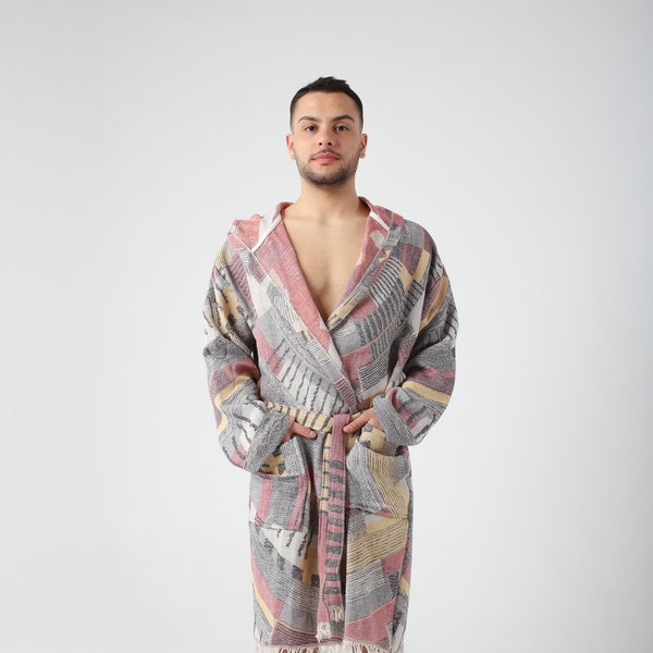 Burgundy Colorful Jacquard Turkish Cotton Robe for Men, Lightweight Dressing Gown, Beach Pool Sauna Cover Up, Hooded Turkish Bathrobe