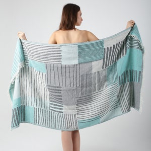 Aqua / Gray Spring Jacquard Beach Peshtemal Towel, Cotton Beach Wrap, Beach Cover Up, Beach Sarong, Spa Towel, Yoga Towel, Travel Towel