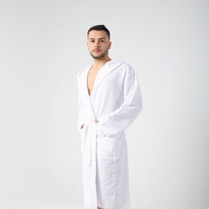 Personalized White Lightweight Robe for Men, Kimono Robe, Custom Robe, Dressing Gown, Hooded Cotton Summer Robe, Mens Spa Robe, Bathrobe