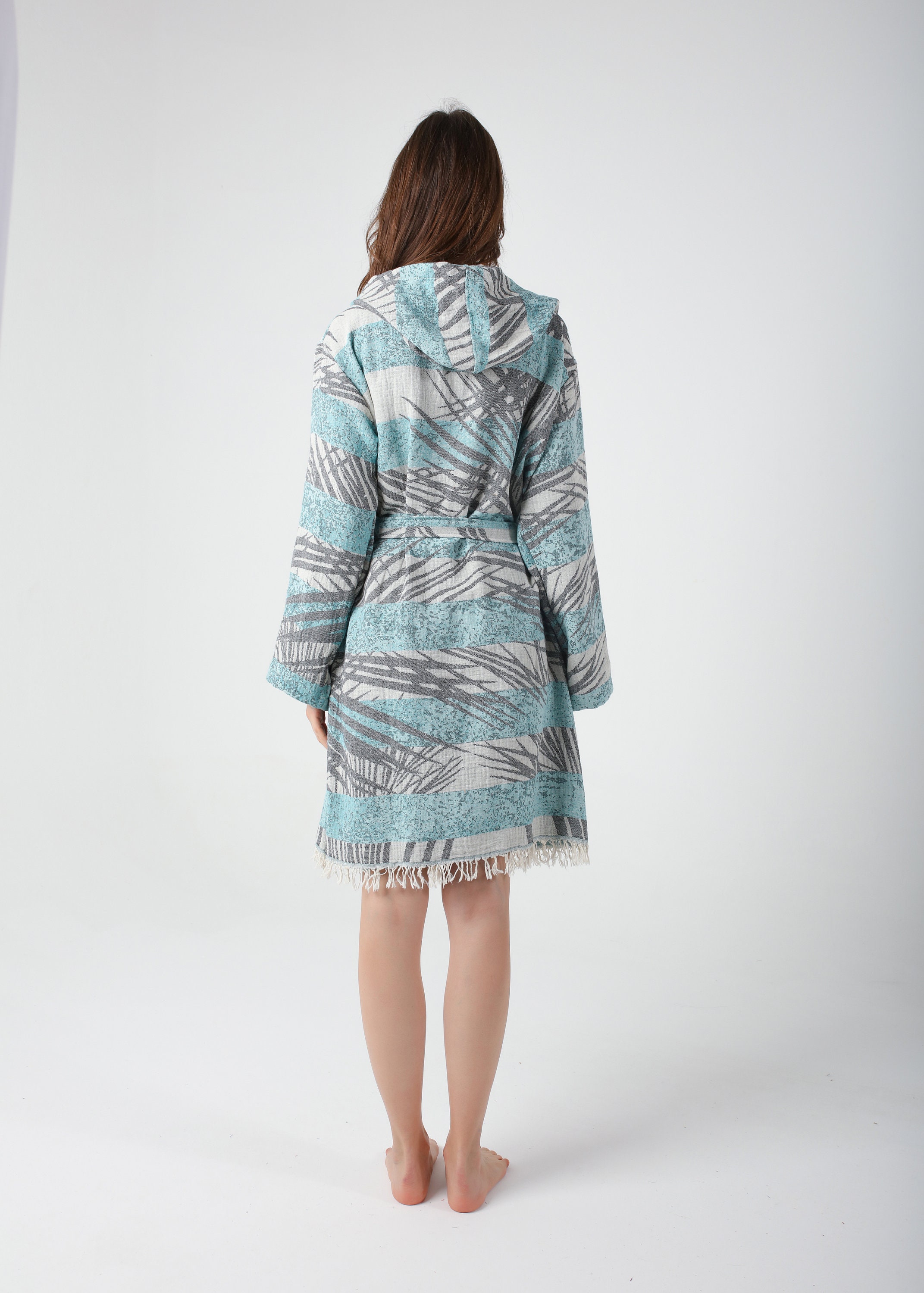Aqua Blue Palm Jacquard Turkish Cotton Robe for Women, Lightweight ...