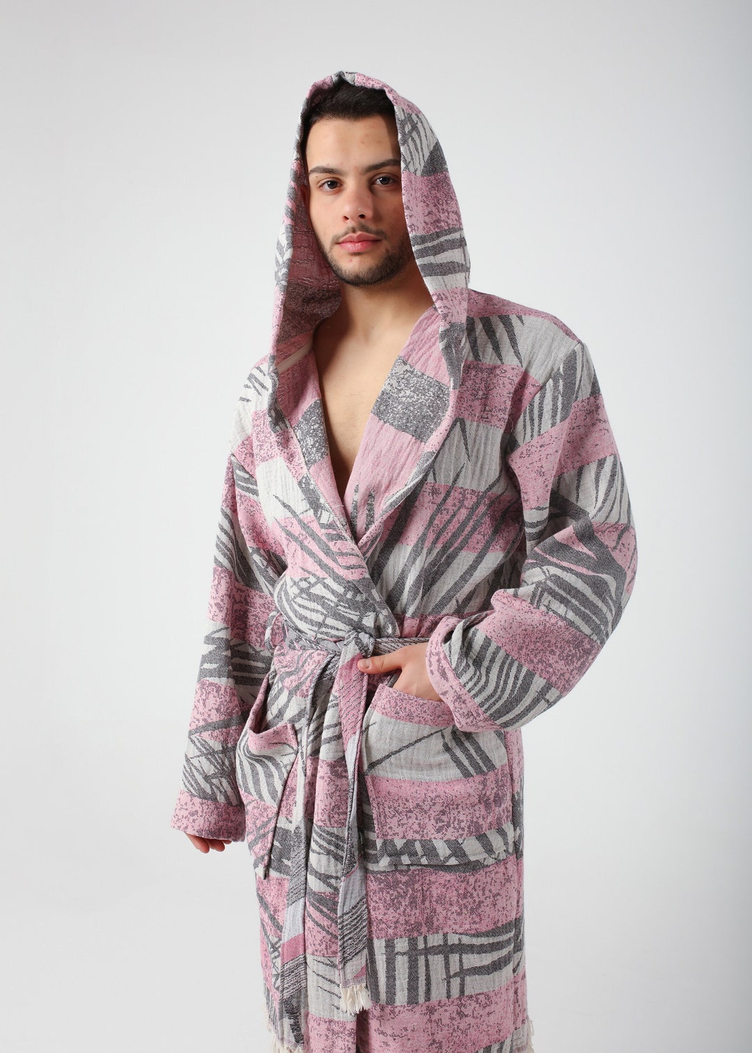 Men Pool Robe Pink Palm Jacquard Turkish Cotton Robe for Men, Lightweight Dressing ...