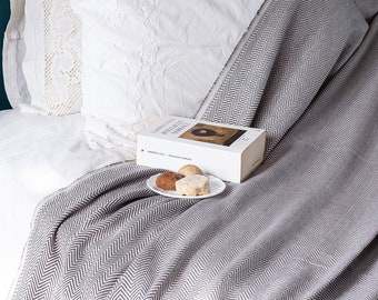 Dark Gray Herringbone Turkish Cotton Throw Blanket, Bedspread, Cotton Bedcover, Coverlet, Couch Blanket, Cozy Blanket, Porch Blanket