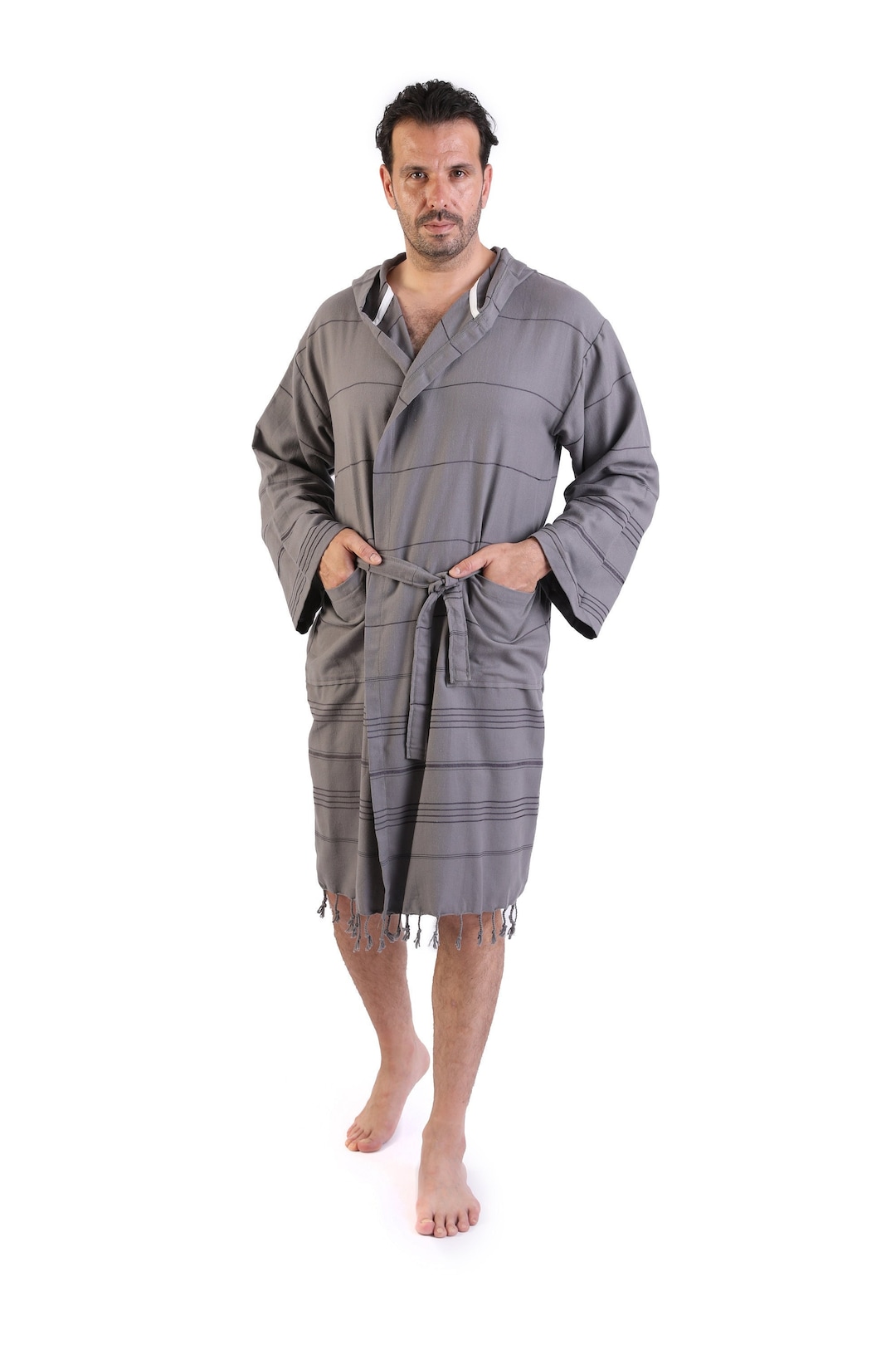 Grey Robe Men Personalized Dark Gray Cotton Lightweight Robe , Dressing Gown, Beach ...