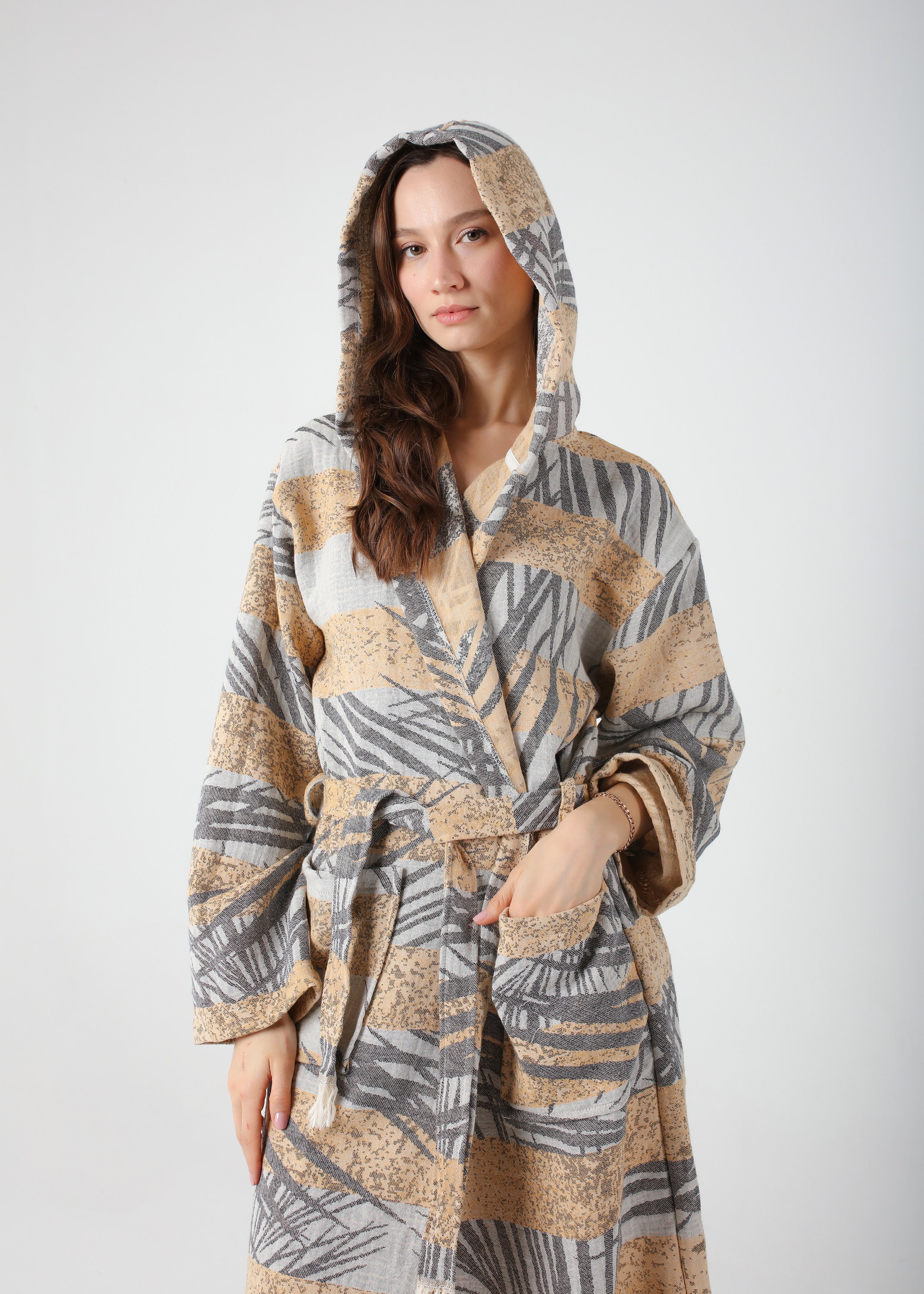 Aqua Blue Palm Jacquard Turkish Cotton Robe for Women, Lightweight ...