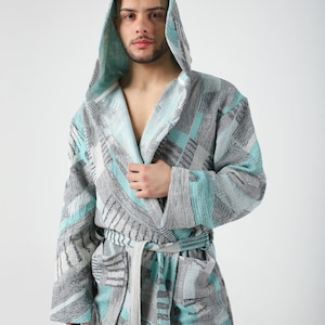 Burgundy Colorful Jacquard Turkish Cotton Robe for Men, Lightweight Dressing Gown, Beach Pool Sauna Cover Up, Hooded Turkish Bathrobe Green