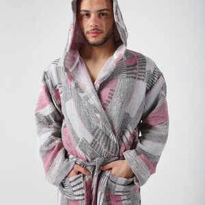 Green Colorful Jacquard Turkish Cotton Robe for Men, Lightweight Dressing Gown, Beach Pool Sauna Hot Tub Cover Up, Hooded Turkish Bathrobe Pink