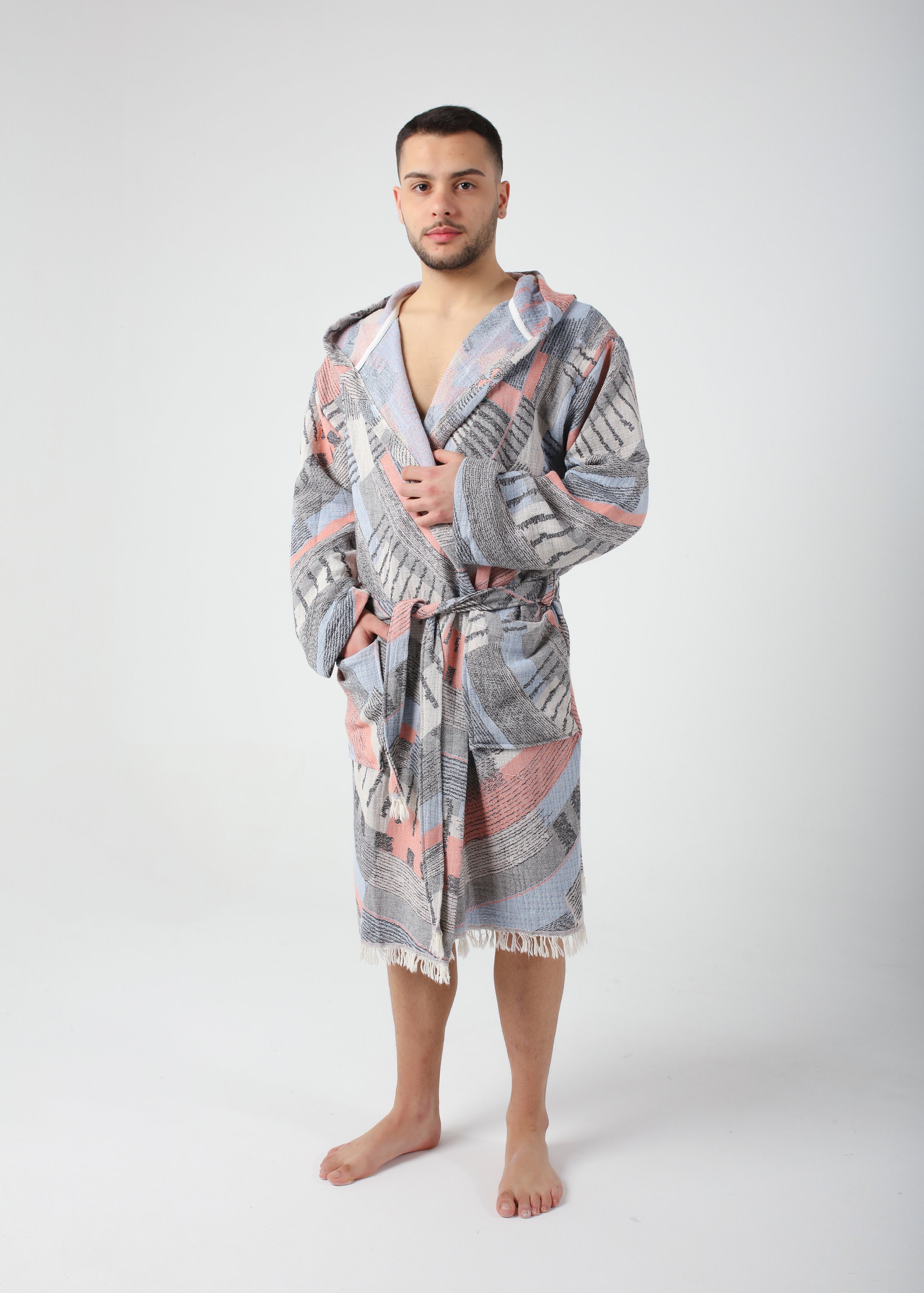 Men Pool Robe Coral Colorful Jacquard Turkish Cotton Robe for Men, Lightweight ...