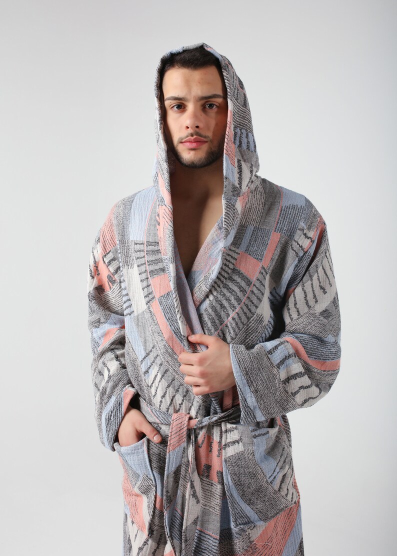 Green Colorful Jacquard Turkish Cotton Robe for Men, Lightweight Dressing Gown, Beach Pool Sauna Hot Tub Cover Up, Hooded Turkish Bathrobe Coral