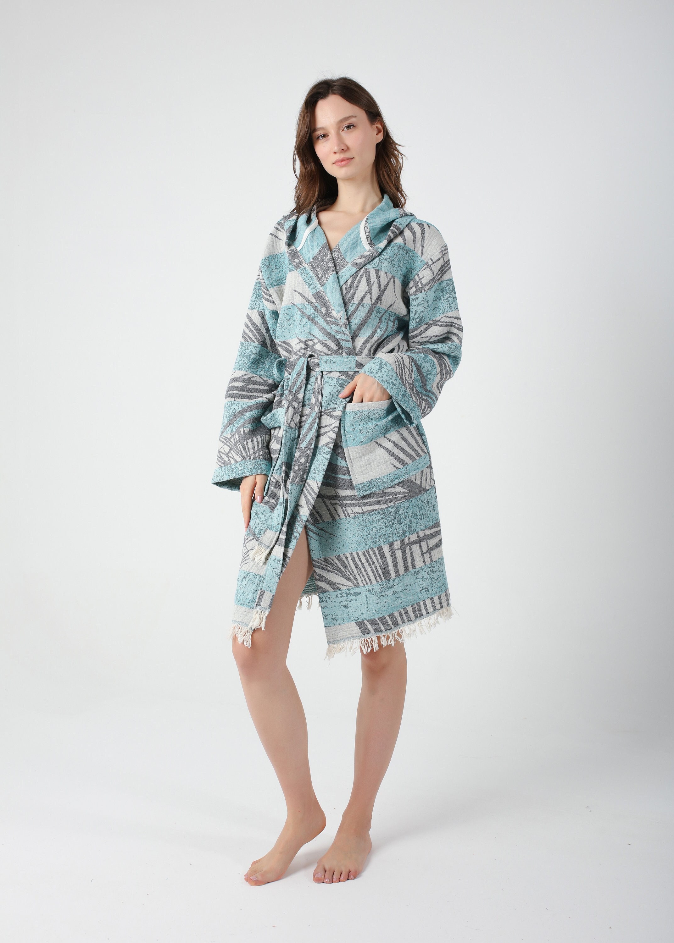 Aqua Blue Palm Jacquard Turkish Cotton Robe for Women, Lightweight ...