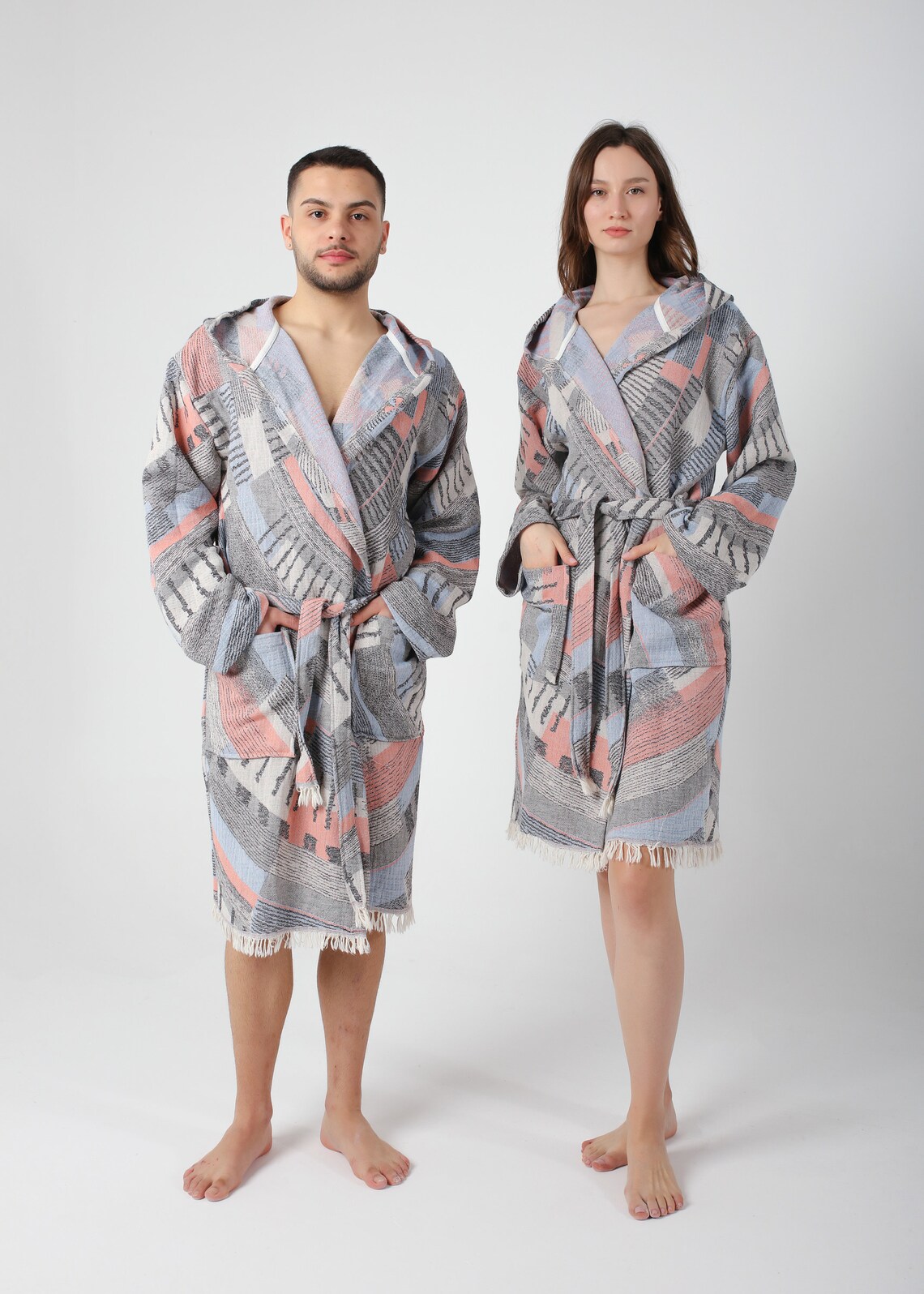 Men Pool Robe Coral Colorful Jacquard Turkish Cotton Robe for Men, Lightweight ...