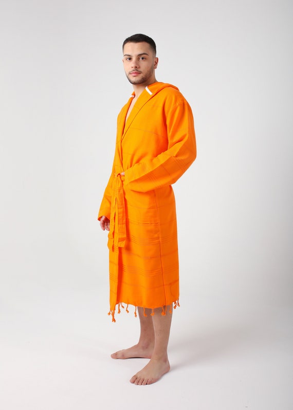 Peignoir orange leger personnalise pour homme peignoir kimono peignoir personnalise robe de chambre peignoir d ete a capuche en coton peignoir de spa pour homme peignoir Etsy France