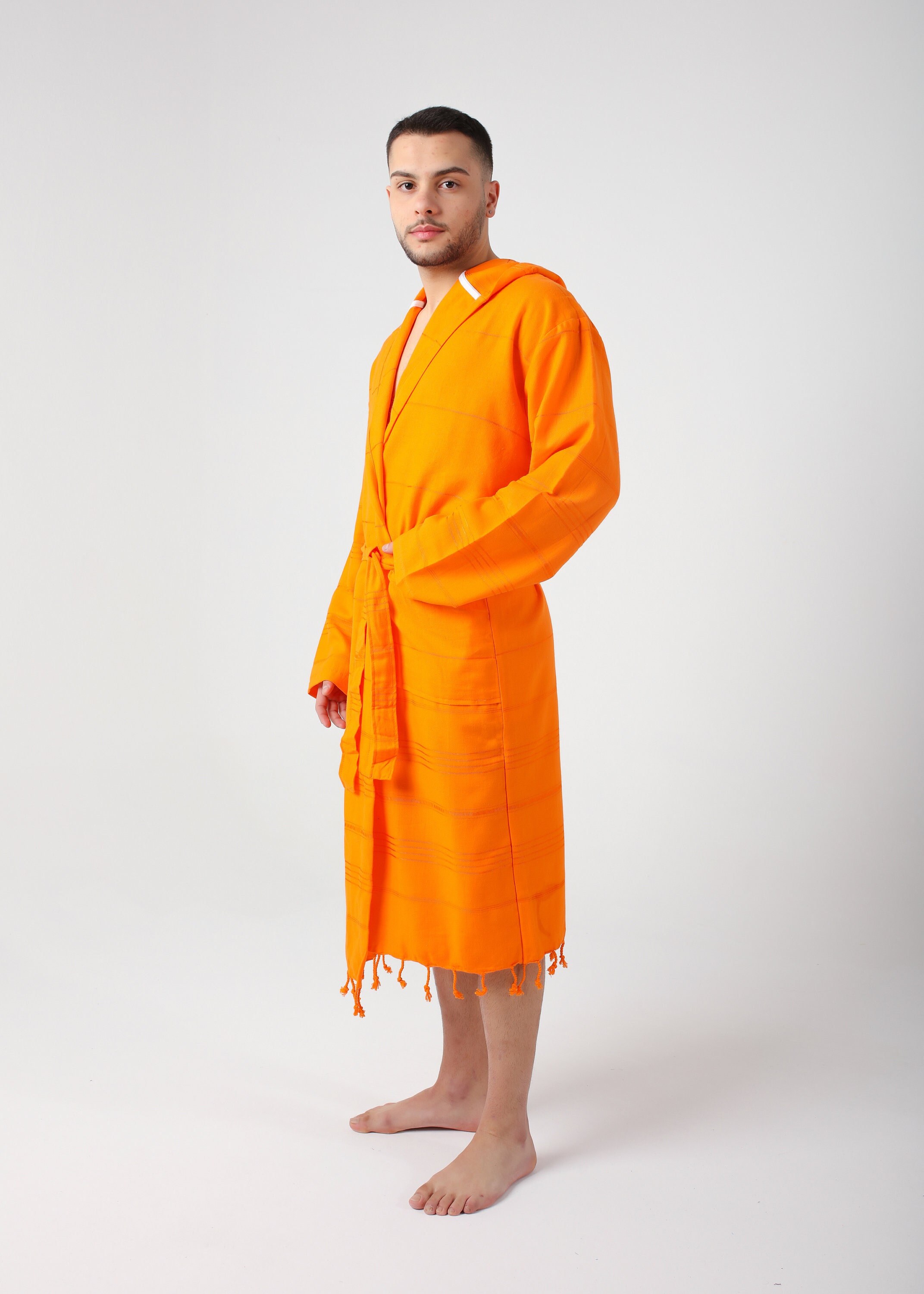 mens orange dressing gown Personalized Orange Lightweight Cotton Robe , Dressing Gown, Beach Pool Sauna Hot Tub Cover Up, Hooded Turkish Bathrobe