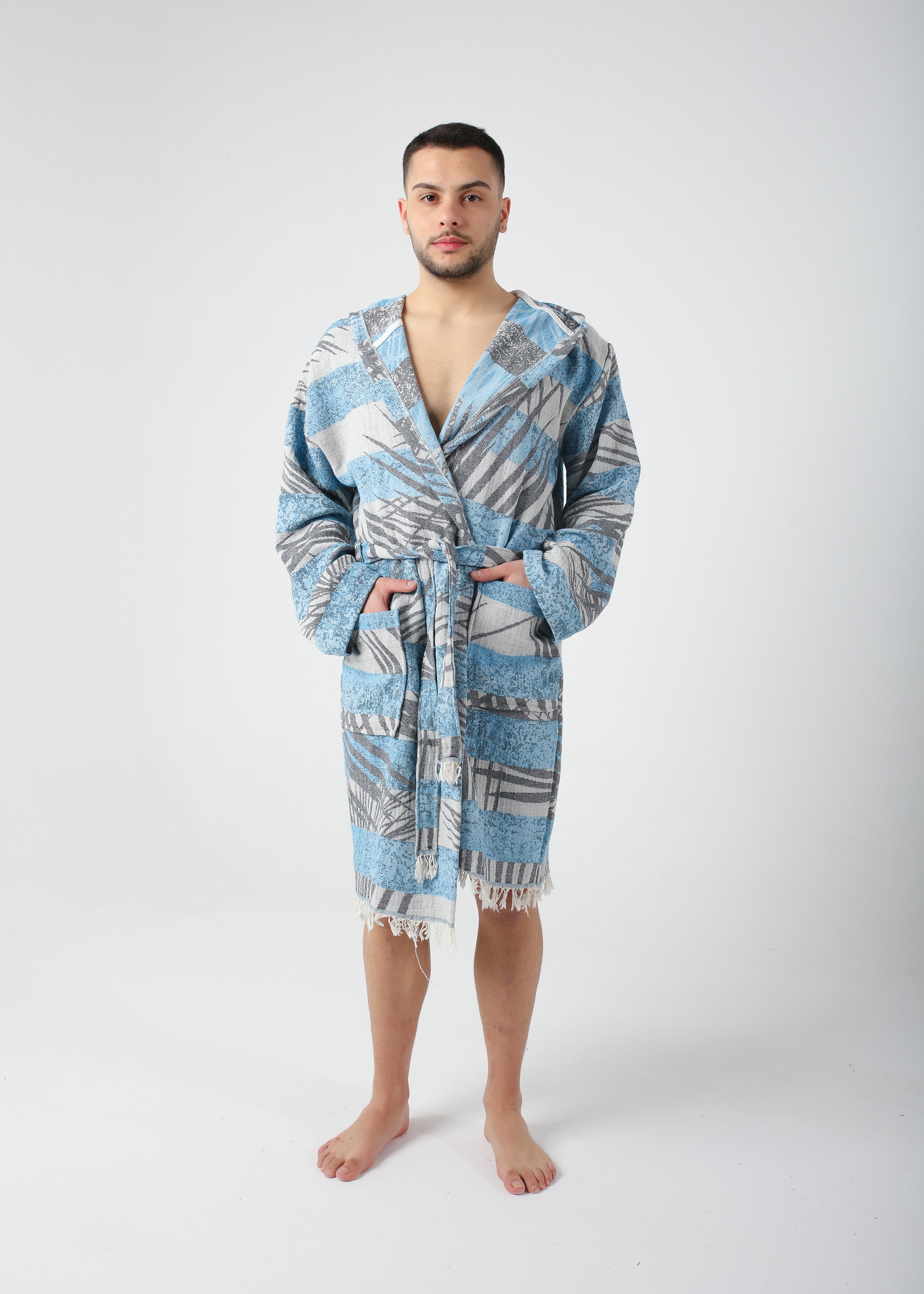Men Pool Robe Blue Palm Jacquard Turkish Cotton Robe for Men, Lightweight Dressing ...