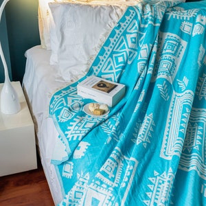 71&#39;&#39; 90.5&#39;&#39; Aqua Blue Ethnic Turkish Cotton Throw Blanket, Bedspread, Cotton Bedcover, Coverlet, Couch Blanket, Cozy Blanket, Porch Blanket