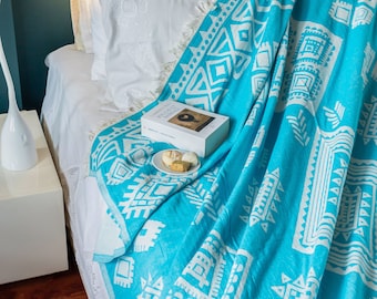 71'' 90.5'' Aqua Blue Ethnic Turkish Cotton Throw Blanket, Bedspread, Cotton Bedcover, Coverlet, Couch Blanket, Cozy Blanket, Porch Blanket