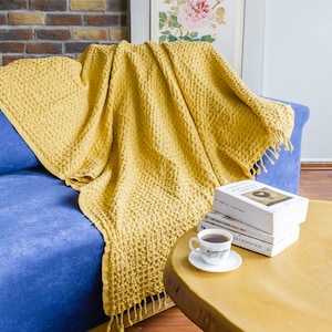 Yellow Big Waffle High Quality Turkish Cotton Throw Blanket, Couch Throw Blanket, Cozy Blanket, Sofa Cover, Cotton Bed Spread, Porch Blanket