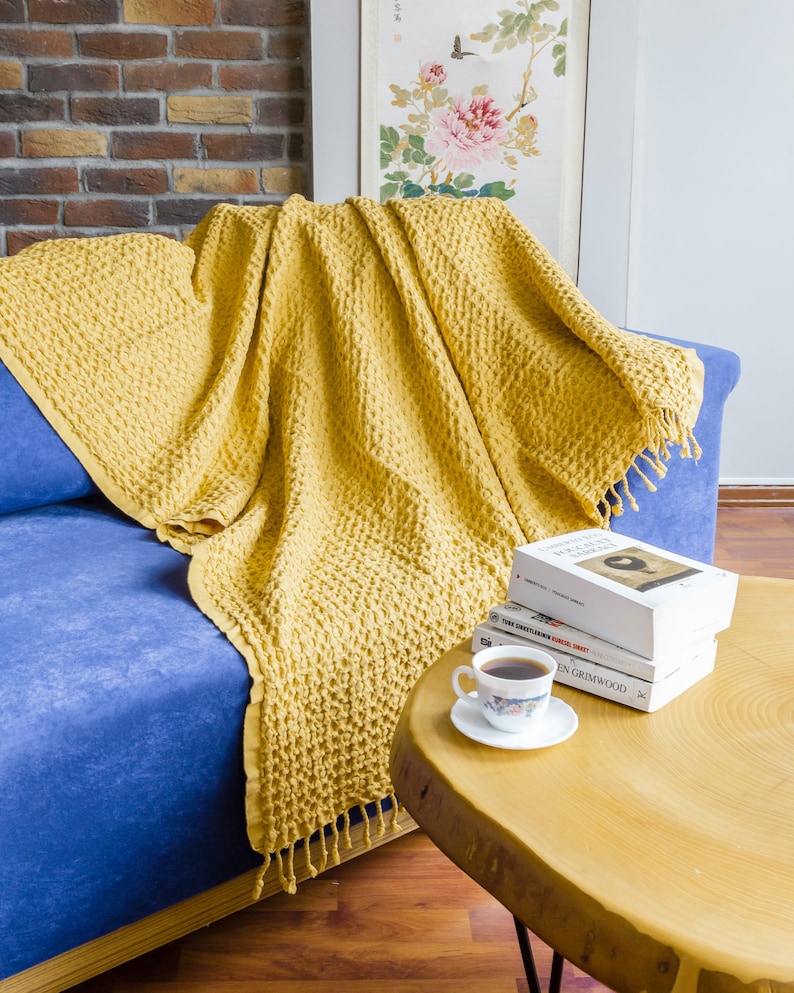Yellow Big Waffle High Quality Turkish Cotton Throw Blanket, Couch Throw Blanket, Cozy Blanket, Sofa Cover, Cotton Bed Spread, Porch Blanket Yellow