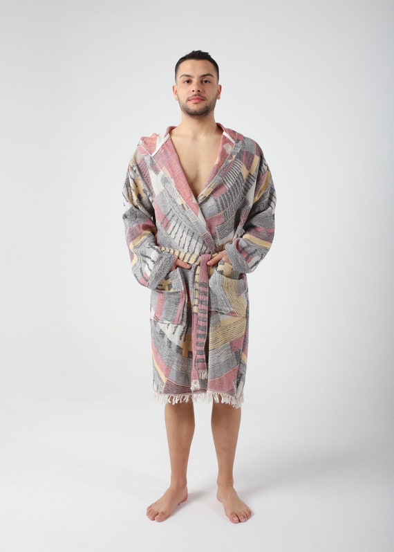 Burgundy Colorful Jacquard Turkish Cotton Robe for Men, Lightweight Dressing Gown, Beach Pool Sauna Cover Up, Hooded Turkish Bathrobe