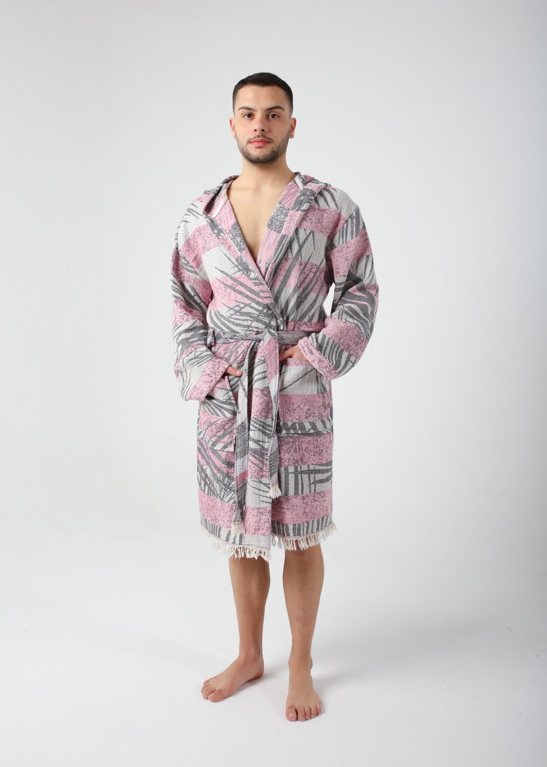 Men Pool Robe Pink Palm Jacquard Turkish Cotton Robe for Men, Lightweight Dressing ...