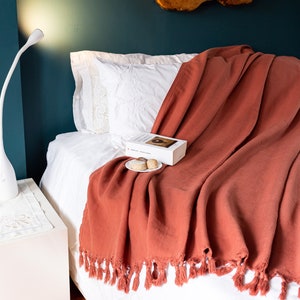 Könnte beinhalten: Eine terracottafarbene Wolldecke mit Fransen liegt auf einem weißen Bett mit einem weißen Kissen und einem Buch darauf. Das Bett steht an einer blaugrünen Wand mit einem Wanddekor aus Holz.