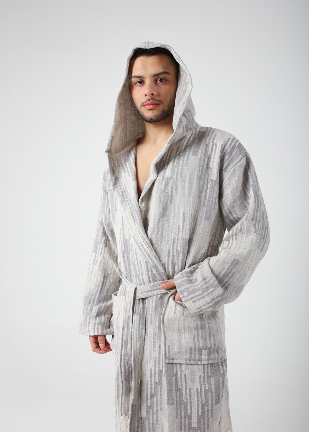 Male Robe With Pattern Gray Marrakesh Pattern Mens Robes, Turkish Cotton Robe for Men, Beach ...
