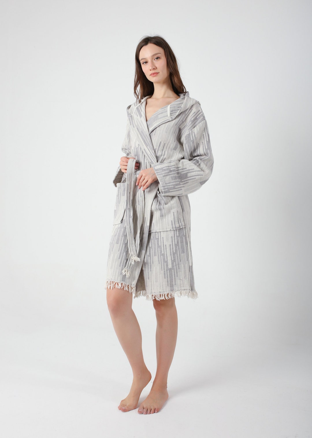Gray Marrakesh Pattern Turkish Cotton Robe for Women, Lightweight ...